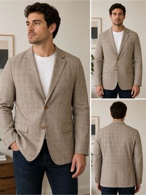 Canali Tan and Gray Glen Plaid Men Jacket Size L, Made in Italy